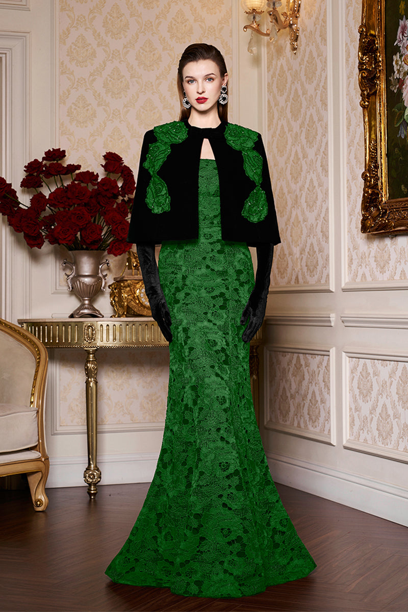 Princess Line Strapless Black Lace and Velvet Dress with Cape