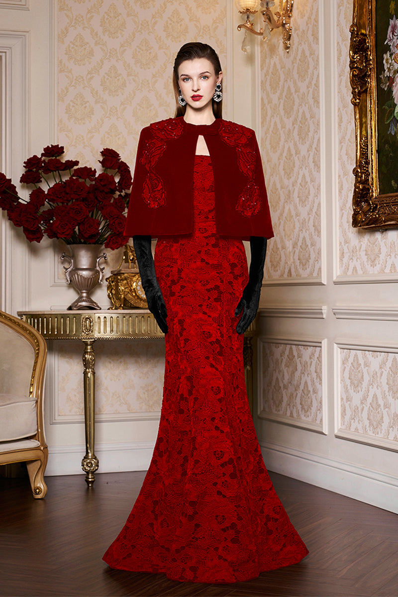 Princess Line Strapless Black Lace and Velvet Dress with Cape