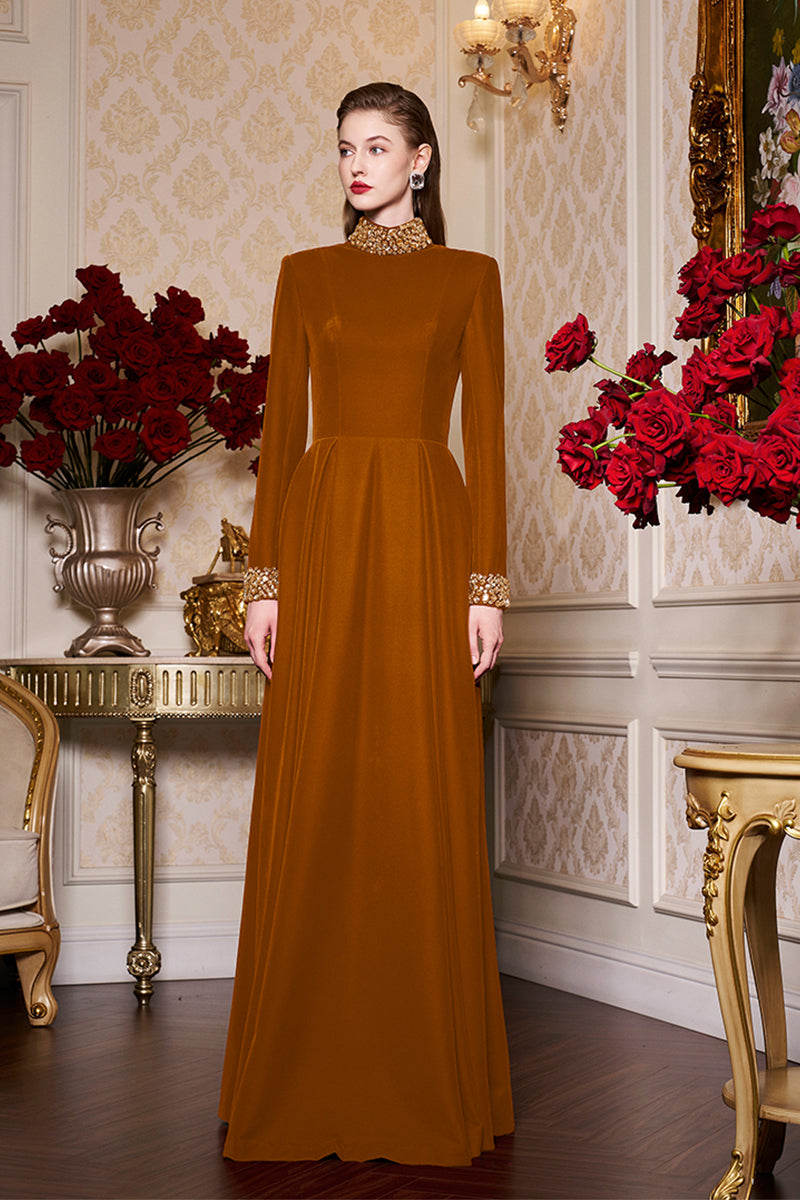 Turtleneck Collar Pleated Waist Velvet Gown