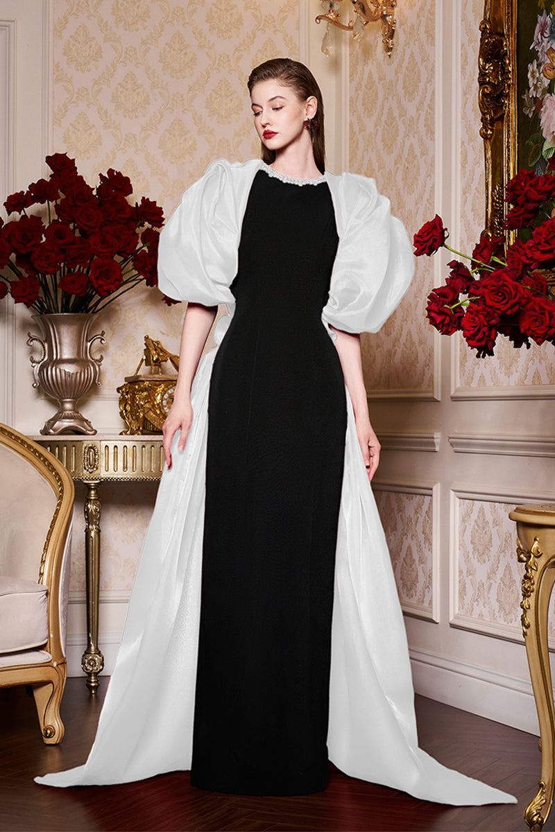 Round Neckline Scuba Gown With Draped Sleeves Organza