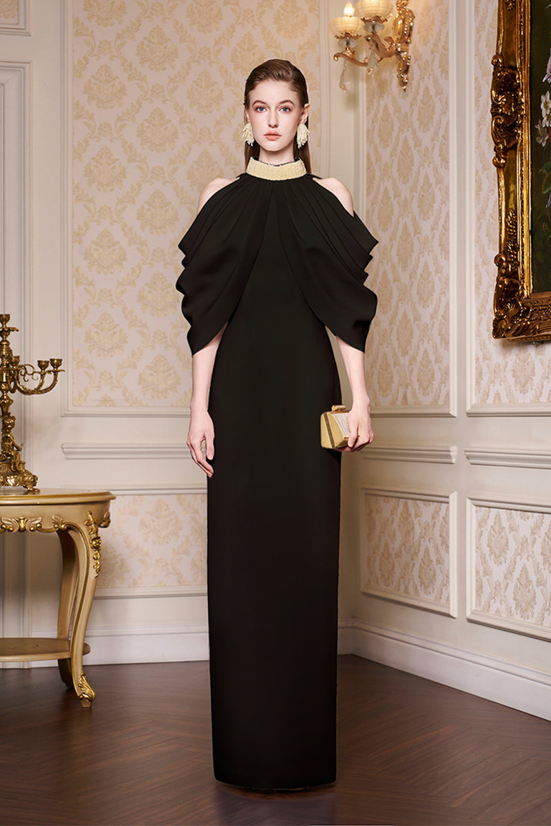 Bottle Neckline Draped Shoulder Agate Silk Gown