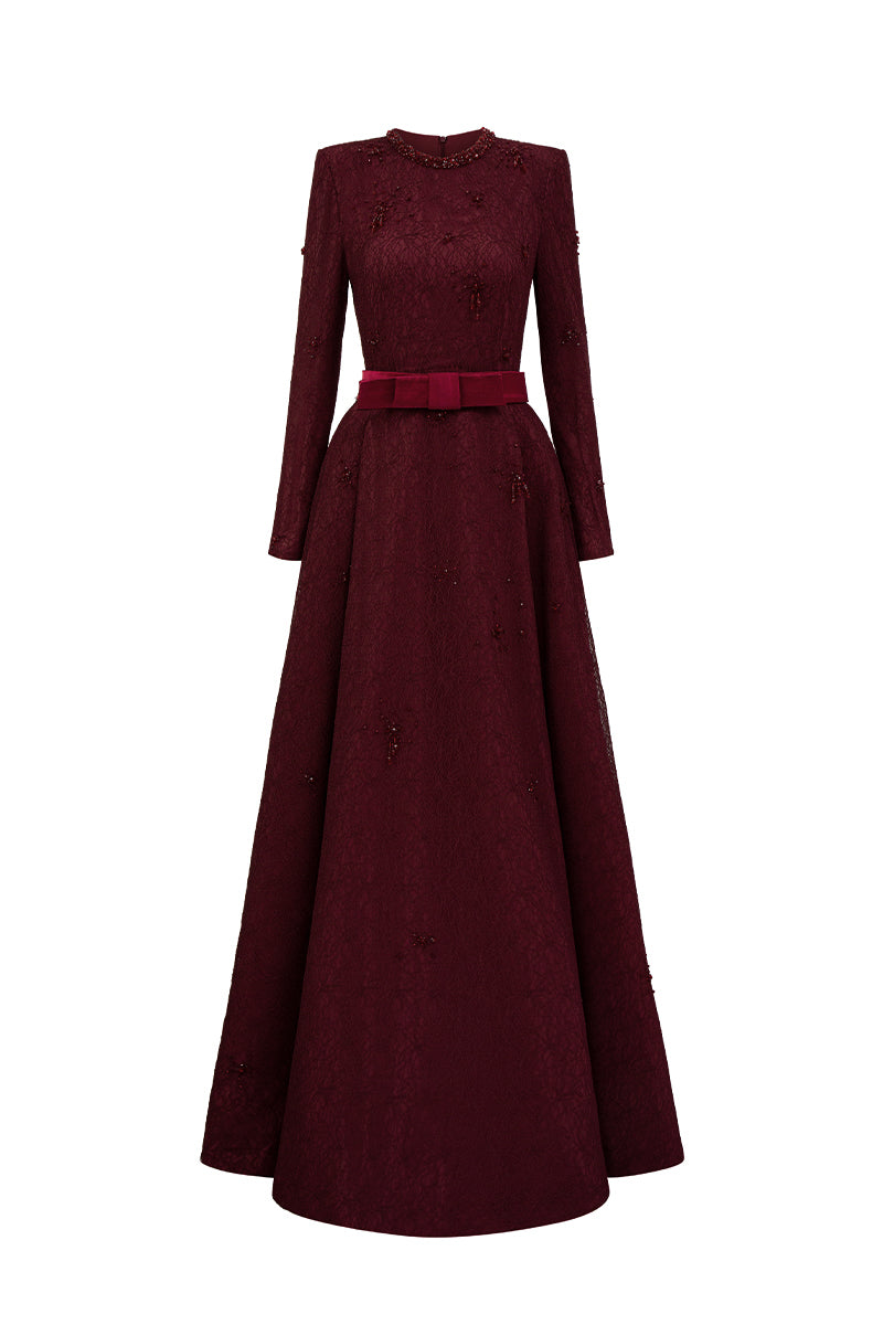 Round Neck A-Line Gown With Red Crystal Embellishments In Burgundy Vine Guipure Lace