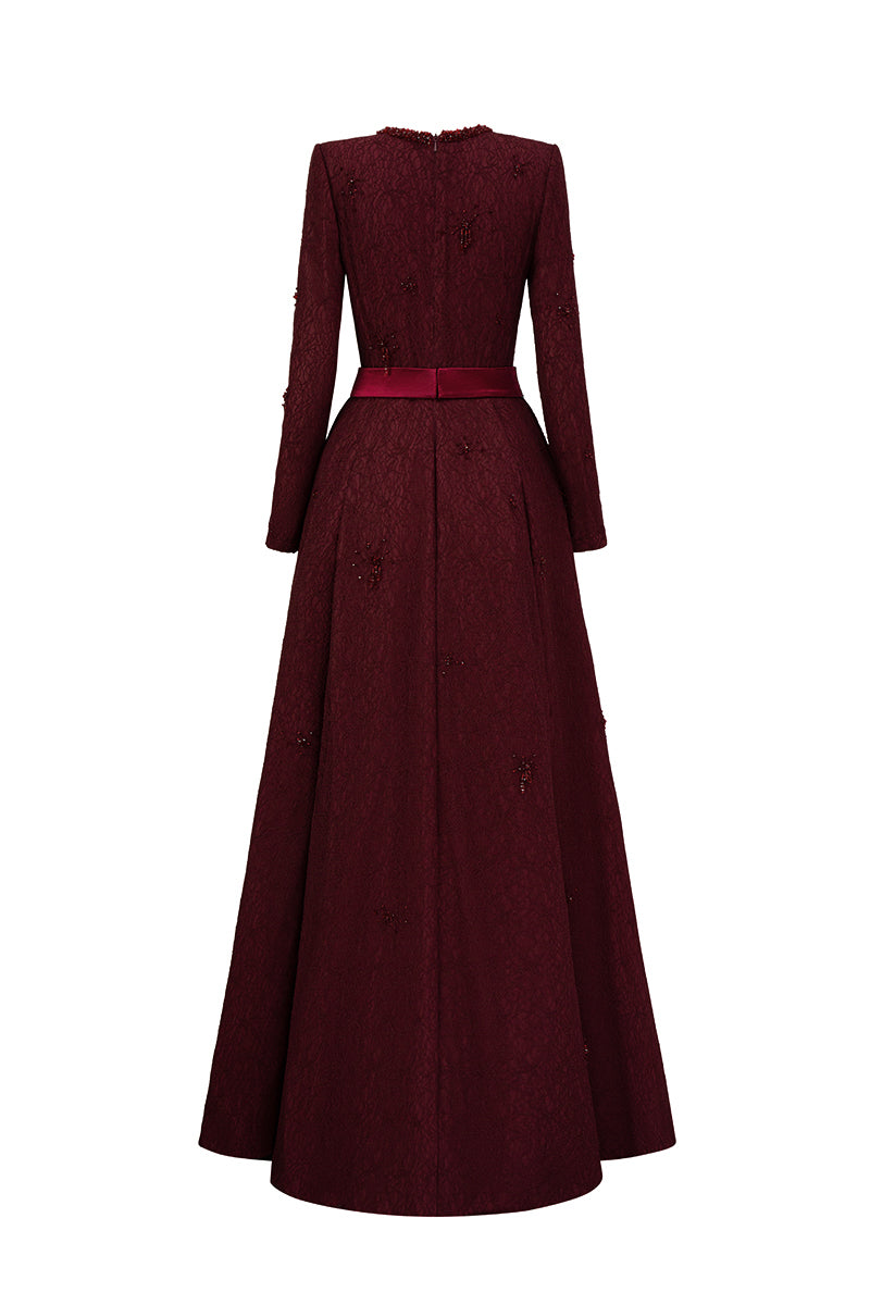 Round Neck A-Line Gown With Red Crystal Embellishments In Burgundy Vine Guipure Lace