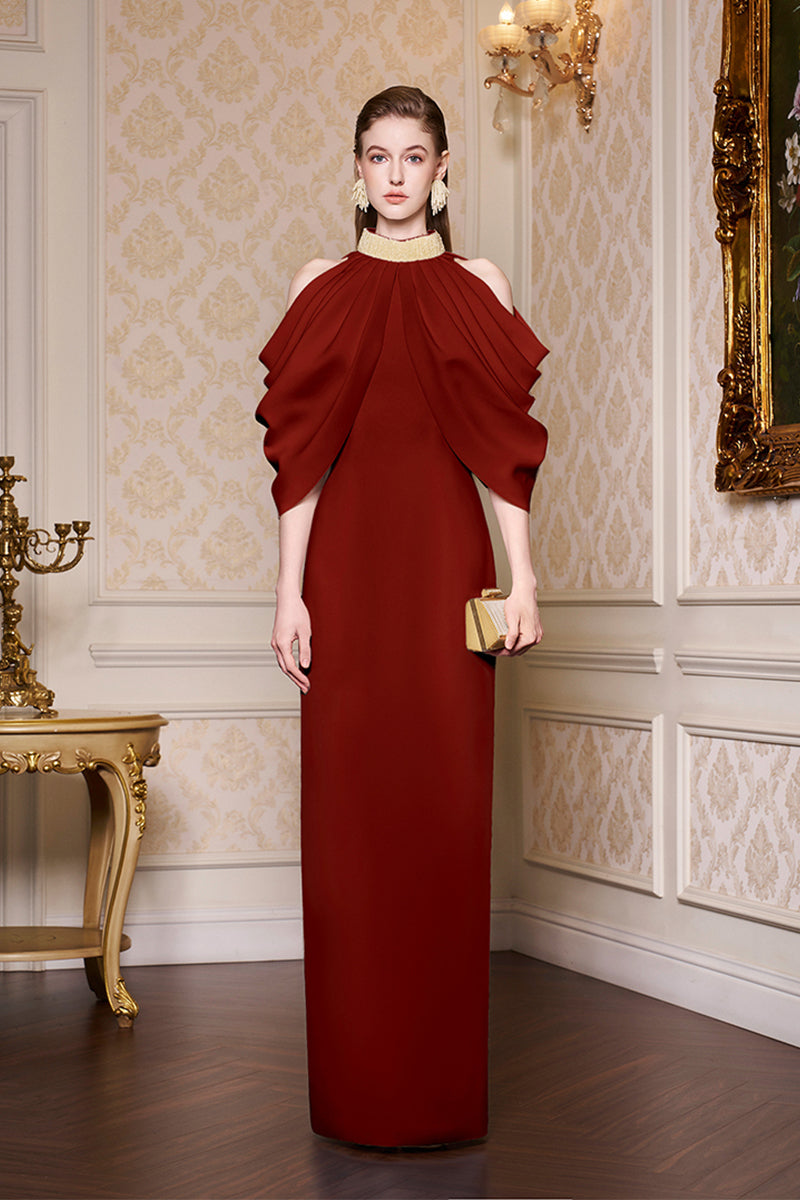 Bottle Neckline Draped Shoulder Agate Silk Gown