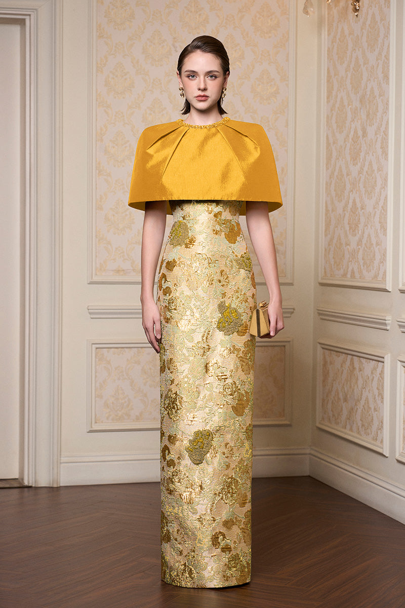 Round Neck Column Gown With Mini Cape In Dark Gold Floral Metallic Jacquard & Taffeta