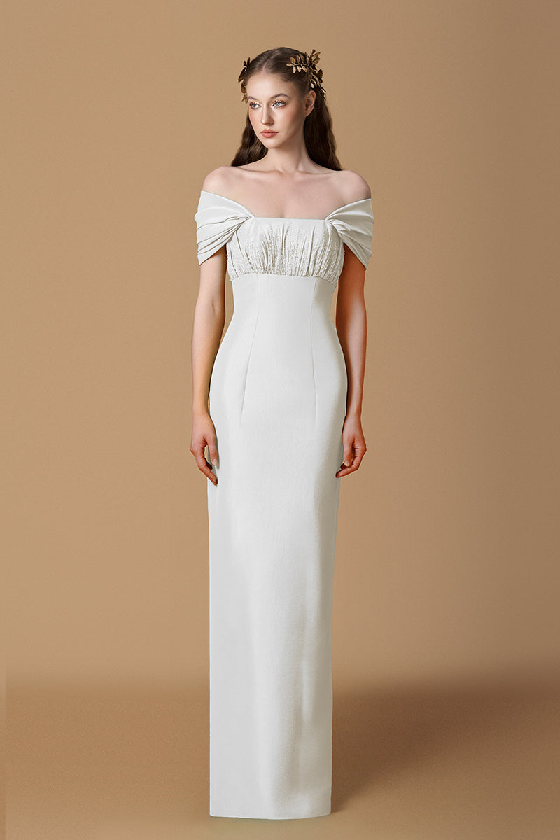 Bustier Column Gown With Draped Off-Shoulder Details In Taffeta