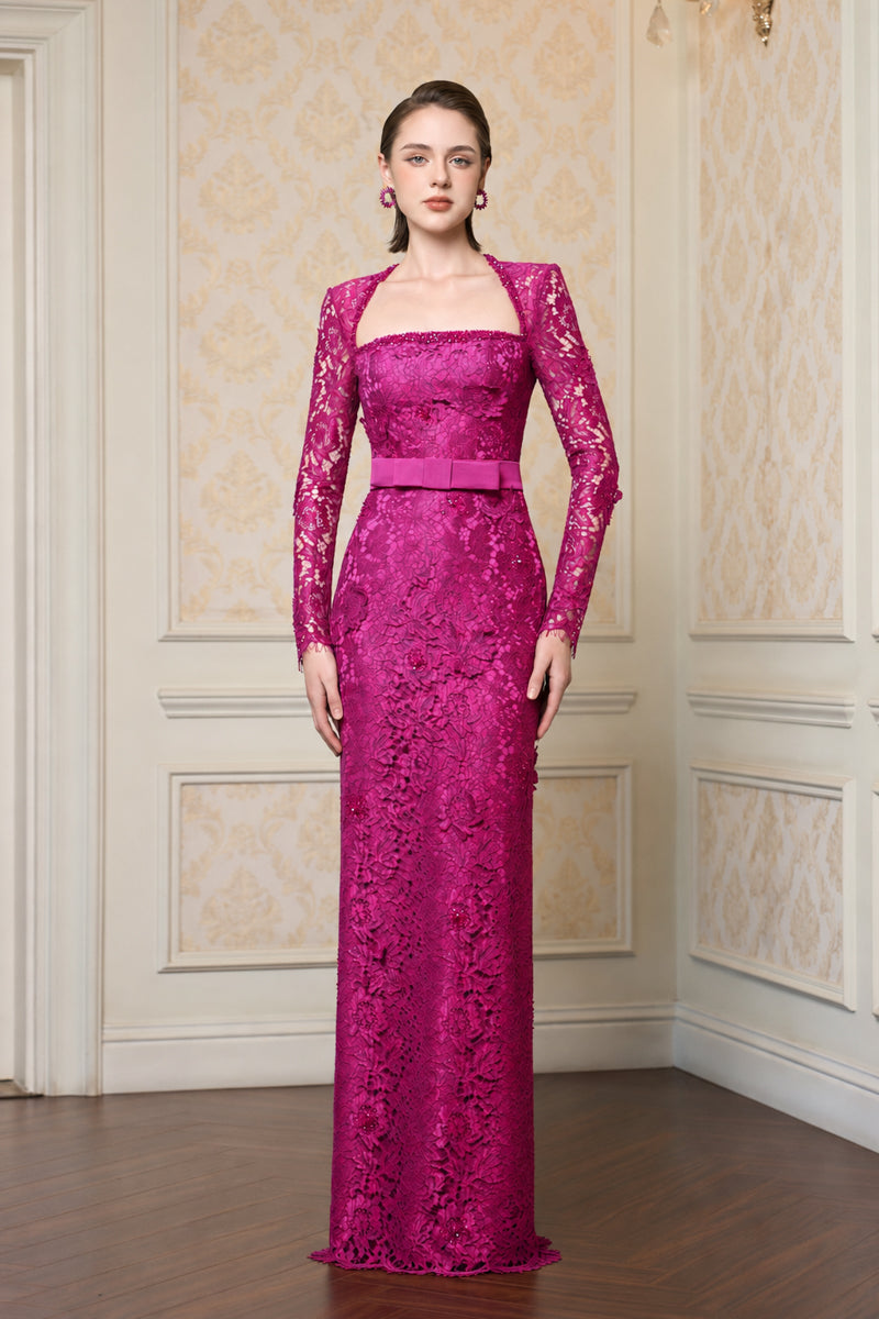 Trapeze Neck Column Gown With Long Sleeves In Pink French Lace