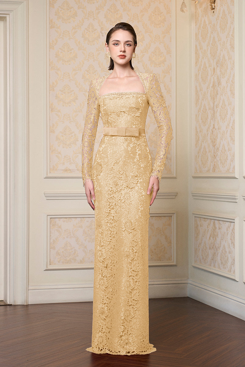 Trapeze Neck Column Gown With Long Sleeves In Beige French Lace