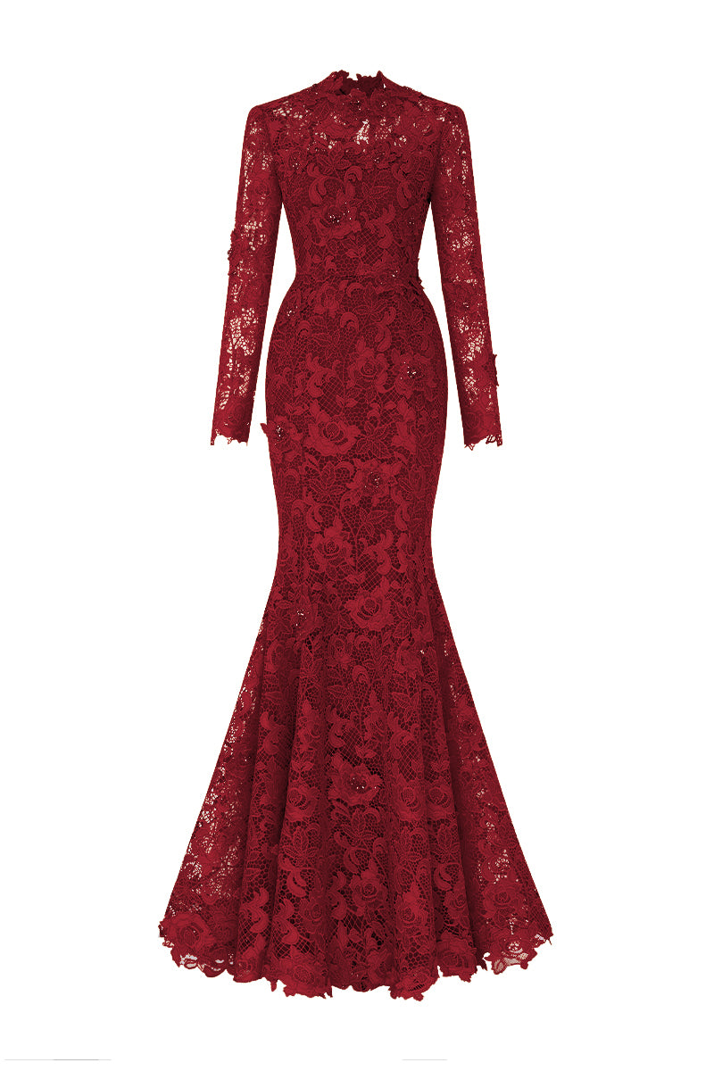Round Neck Mermaid Gown With Long Sleeves In Red Guipure Lace