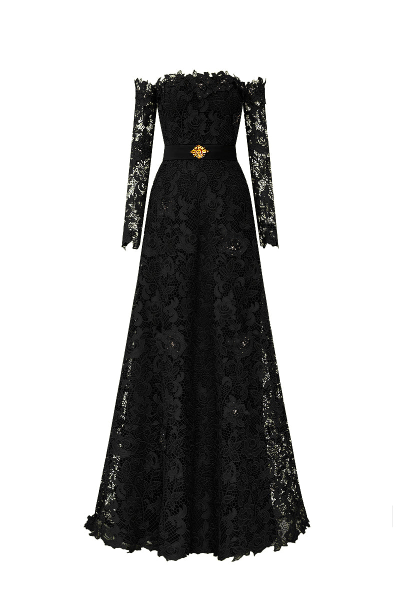 Black Long Sleeves Off-Shoulder A-Line Gown
