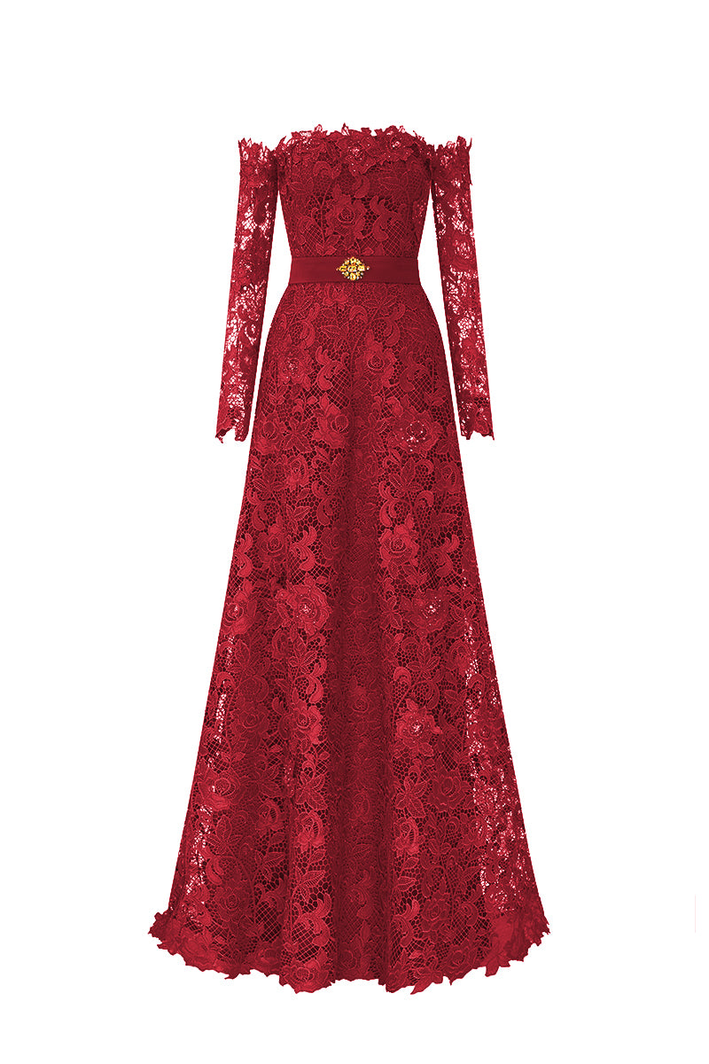 Red Long Sleeves Off-Shoulder A-Line Gown