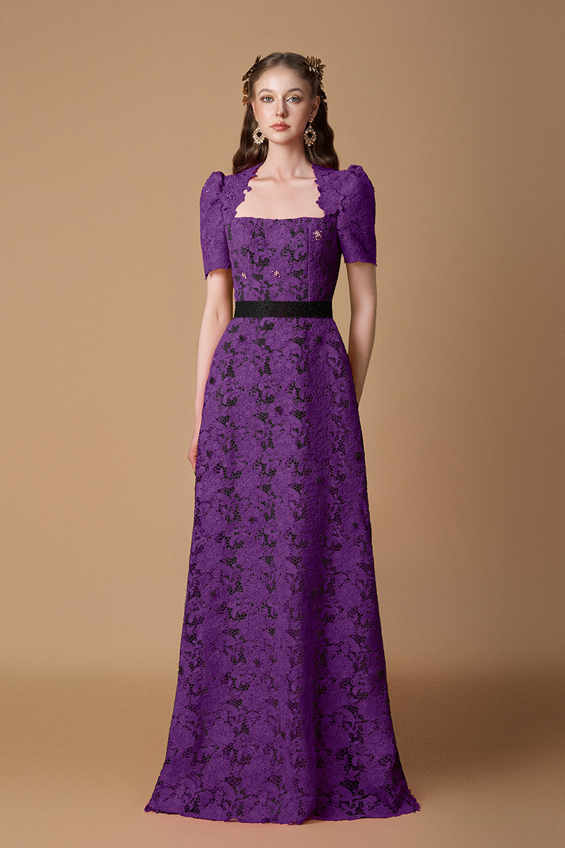 Trapeze Neck A-line Gown With Short Sleeves In Pink Guipure Lace