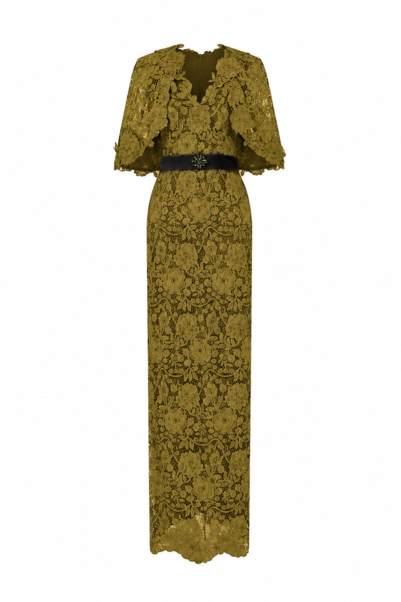 V-Neck Column Gown With Mini Cape Sleeves
