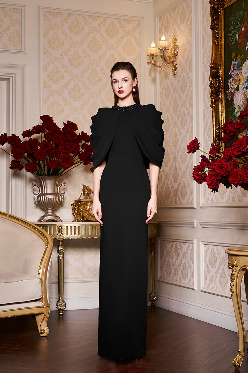 Round Neckline Column Gown With Draped Cape