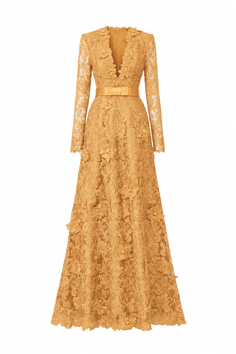 V Neck A-line Gown With Long Sleeves In Yellow Guipure Lace