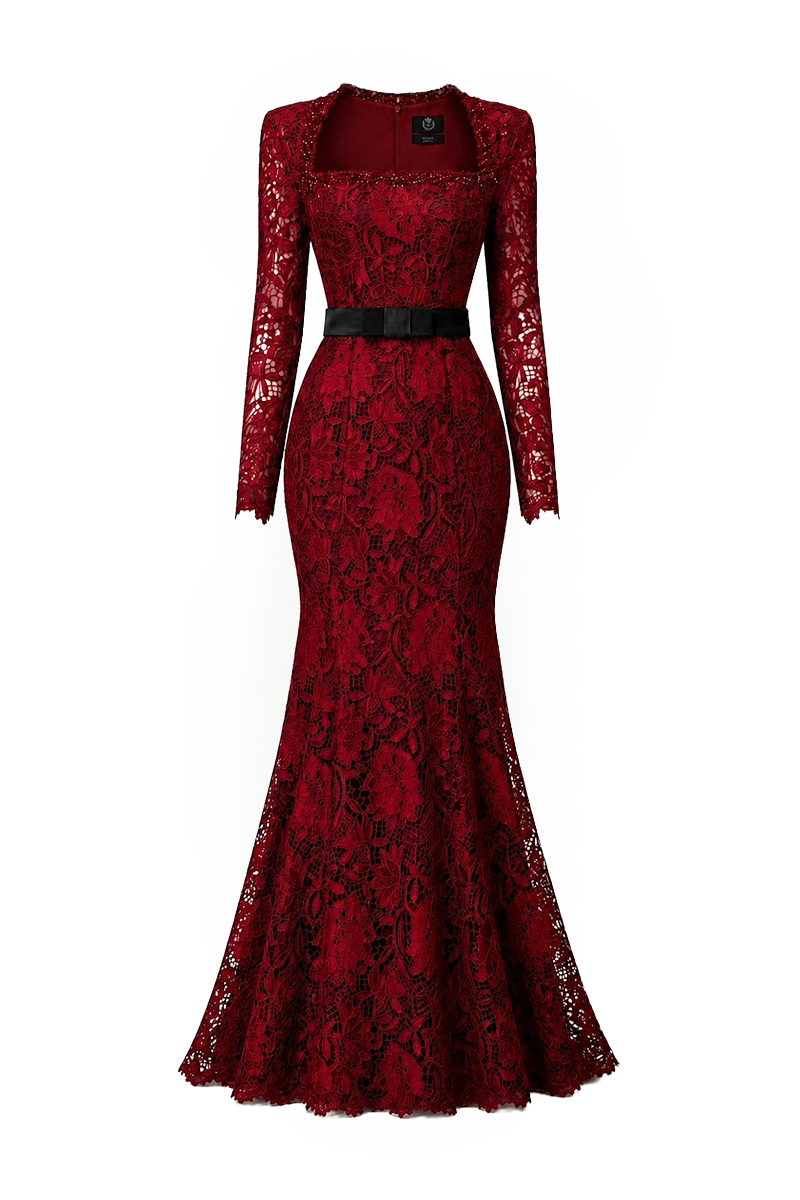 Trapeze Neck Mermaid Gown With Waist Belt In Cocoa Dark Red Lily Floral Lace