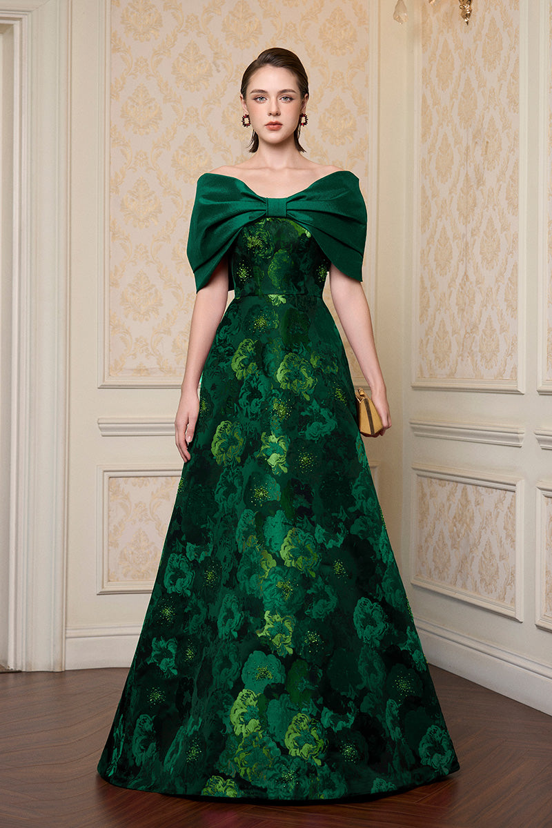 Strapless A-line Gown With Bust Bow In Black Taffeta & Dark Green Floral Jacquard
