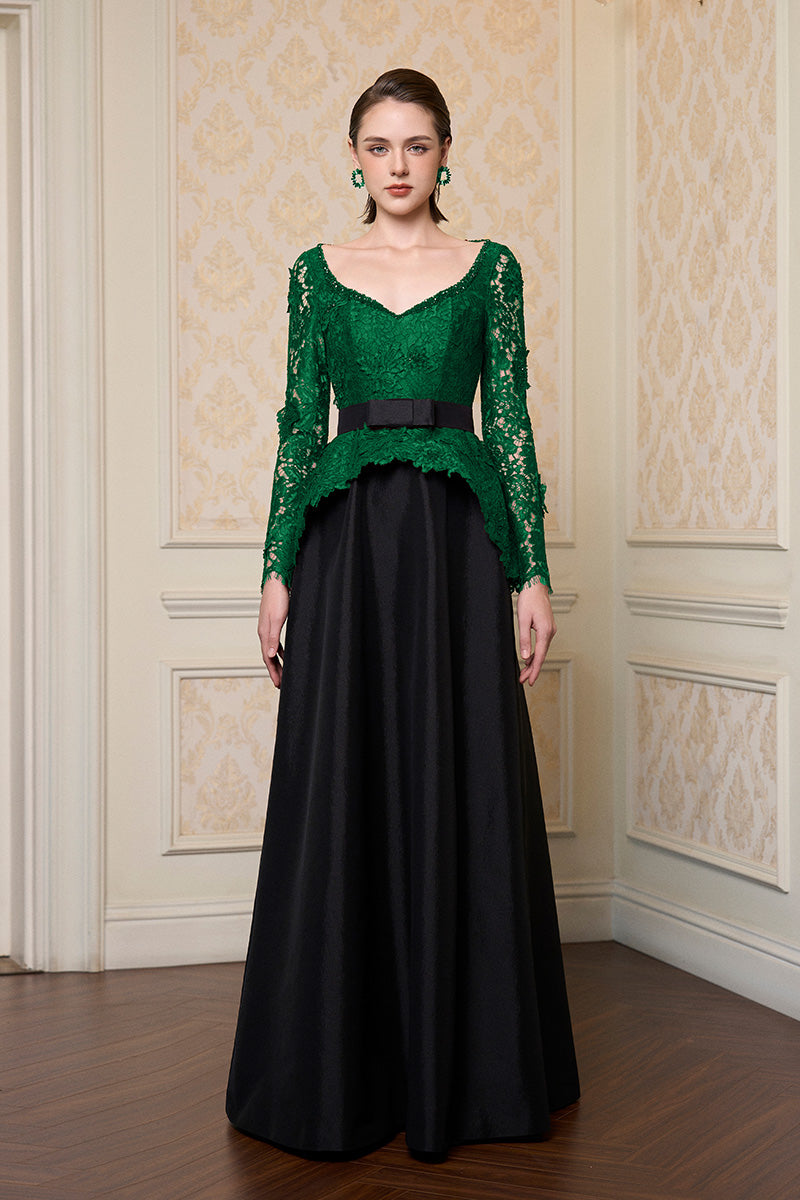 Queen Ann Neck A-Line Gown In Dark Green French Lace & Black Taffeta