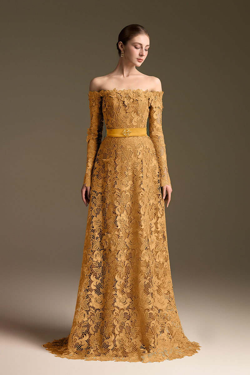 Yellow Long Sleeves Off-Shoulder A-Line Gown