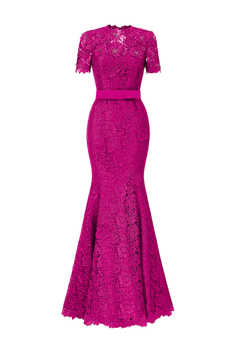 Round Neck Mermaid Gown With Short Sleeves In Pink French Lace