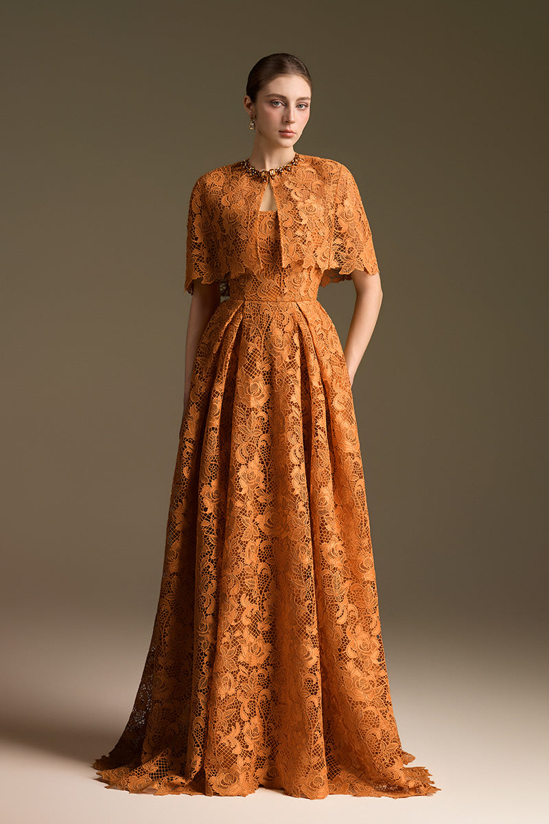 Bustier A-Line Gown With Mini Cape In Guipuire Lace