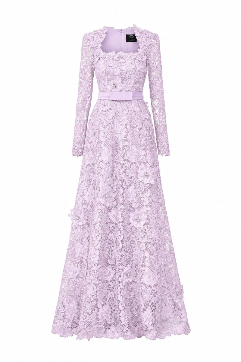 Trapeze Neck A-line Gown With Long Sleeves In Light Purple Guipure Lace