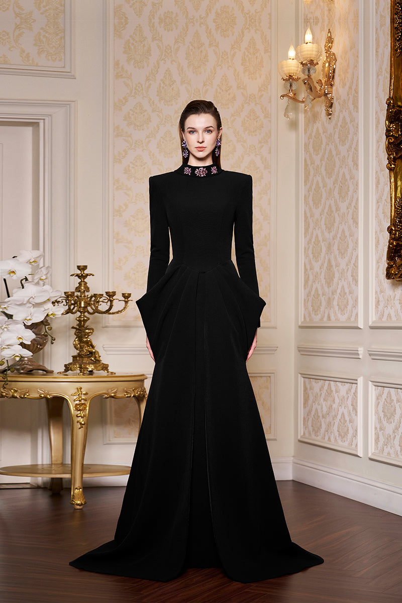 De-Constructed Collar With Draped Waist Scuba Gown