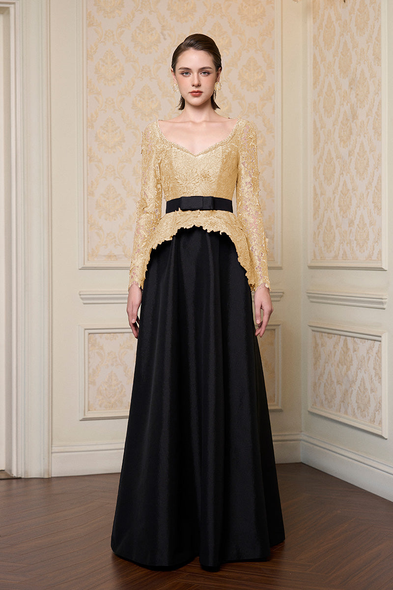 Queen Ann Neck A-Line Gown In Beige French Lace & Black Taffeta