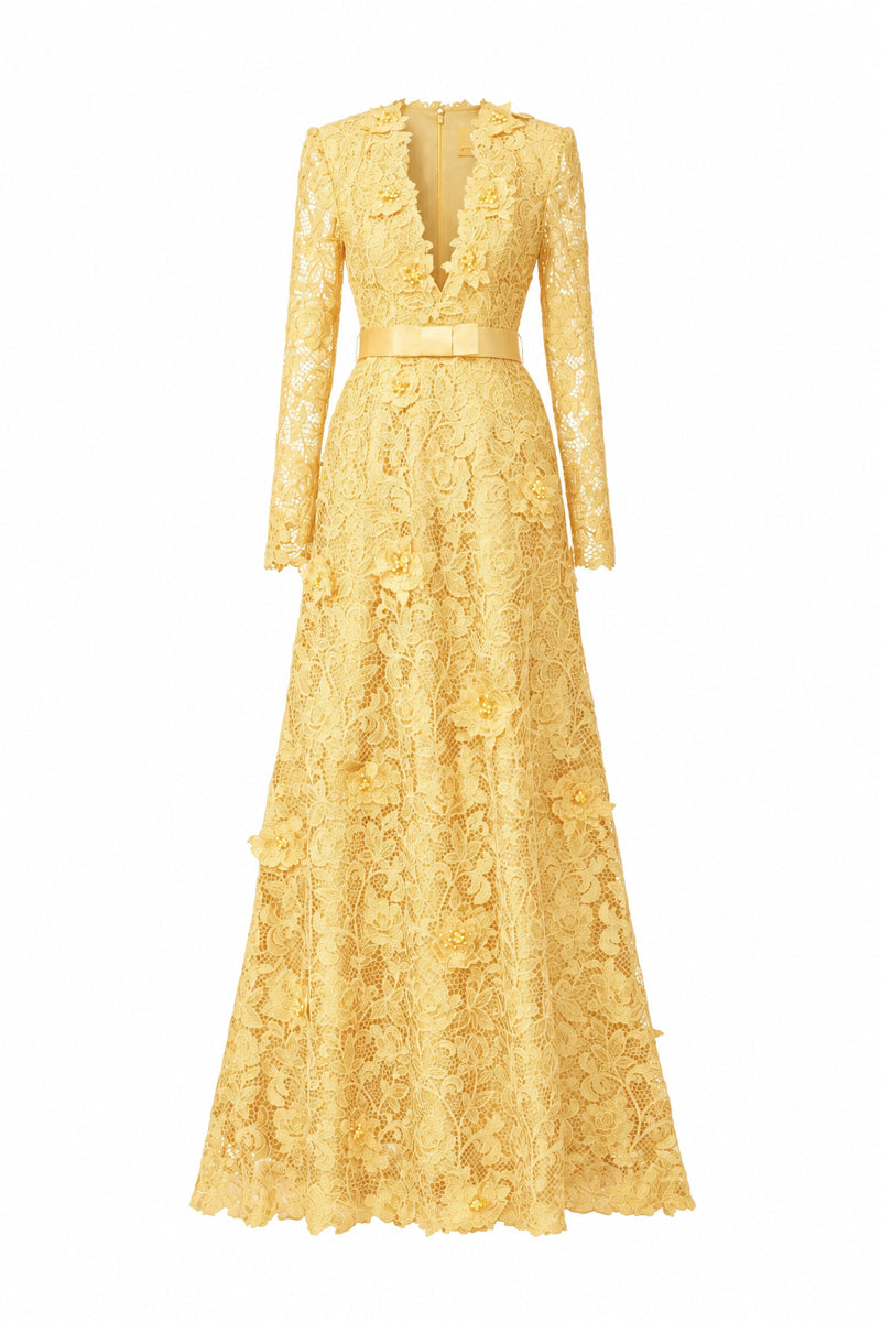 V Neck A-line Gown With Long Sleeves In Light Yellow Guipure Lace