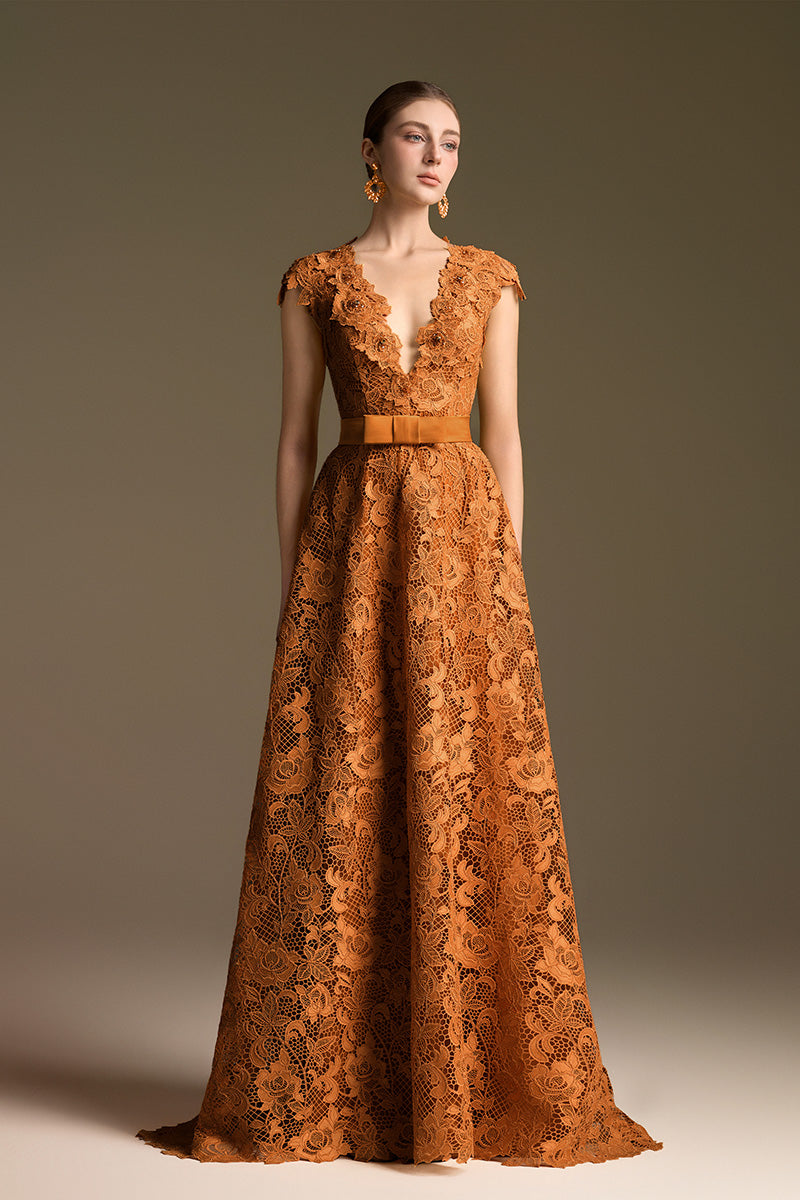 V-Neck Sleeveless A-Line Gown In Orange Guipure Lace