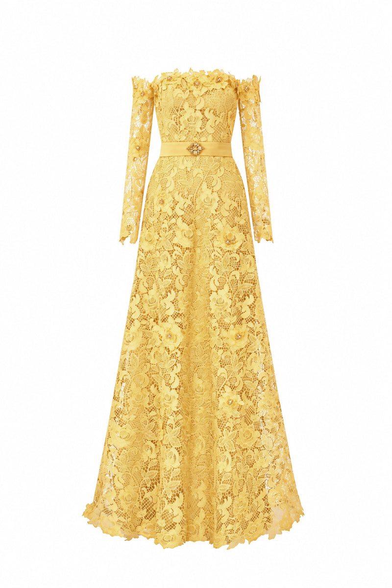 Yellow Long Sleeves Off-Shoulder A-Line Gown