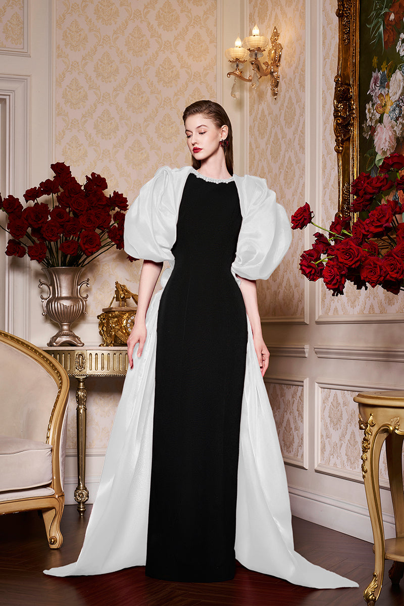 Round Neckline Scuba Gown With Draped Sleeves Organza