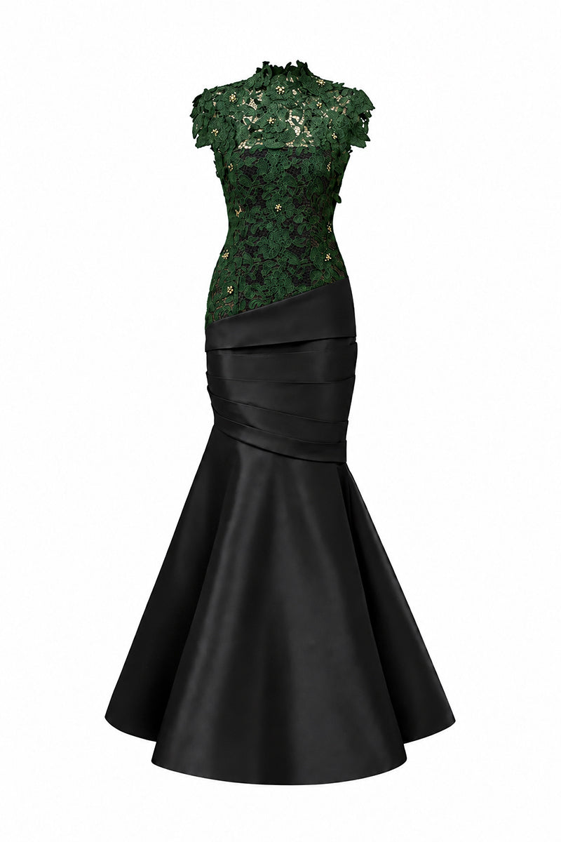 Round Neck Mermaid Gown With Green Guipure Lace and Black Taffeta