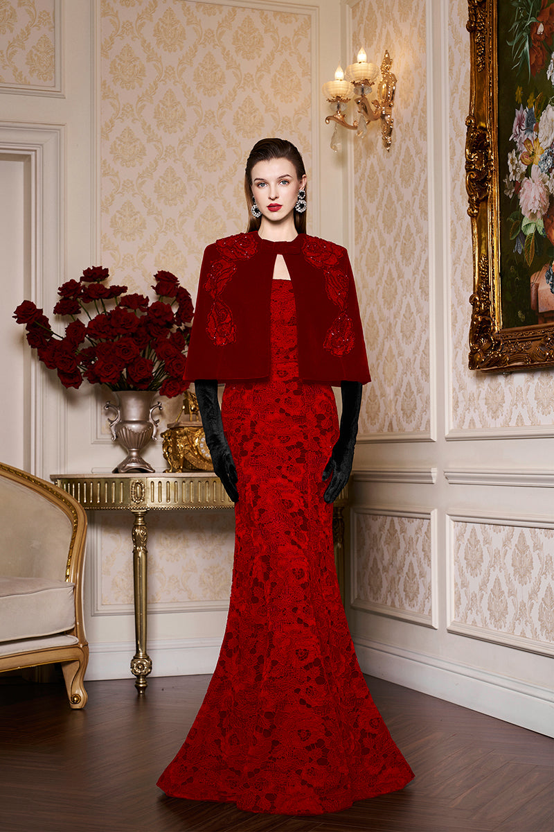 Princess Line Strapless Black Lace and Velvet Dress with Cape