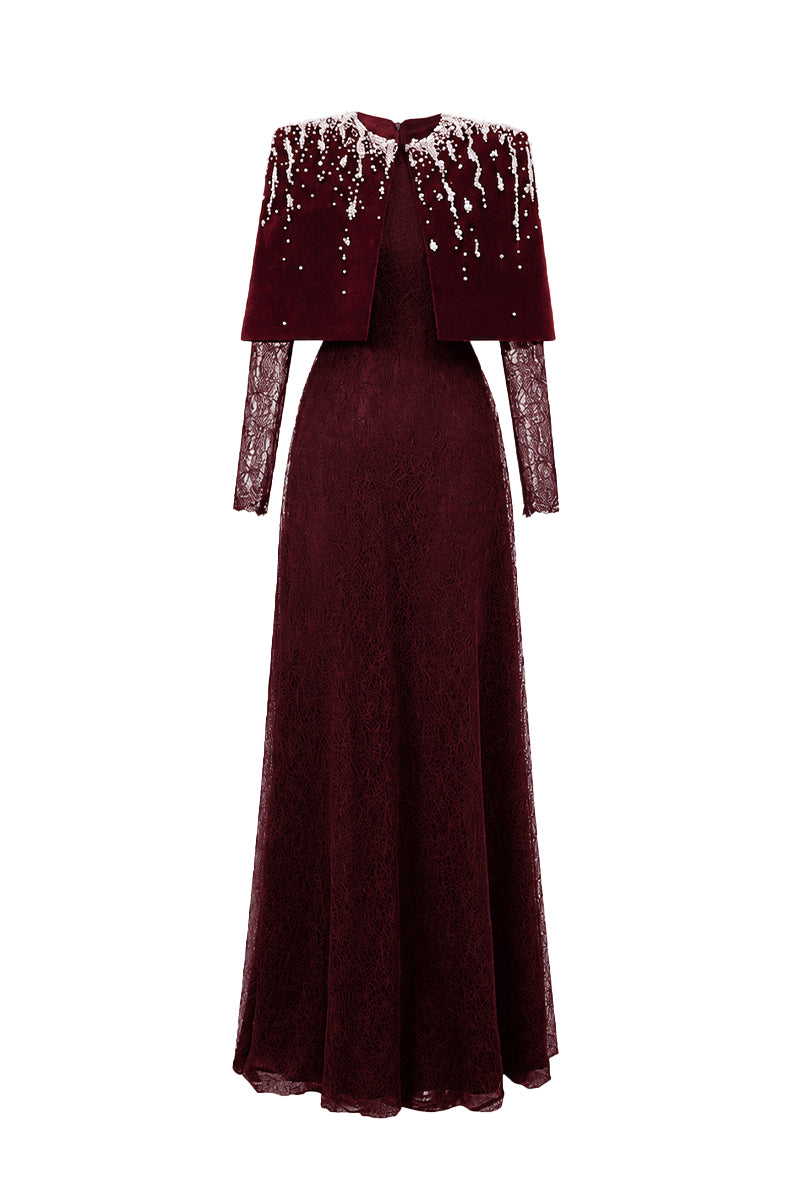 Round Neck A-Line Gown With Mini Cape In Dark Red Vine Guipure Lace & Lyon Velvet
