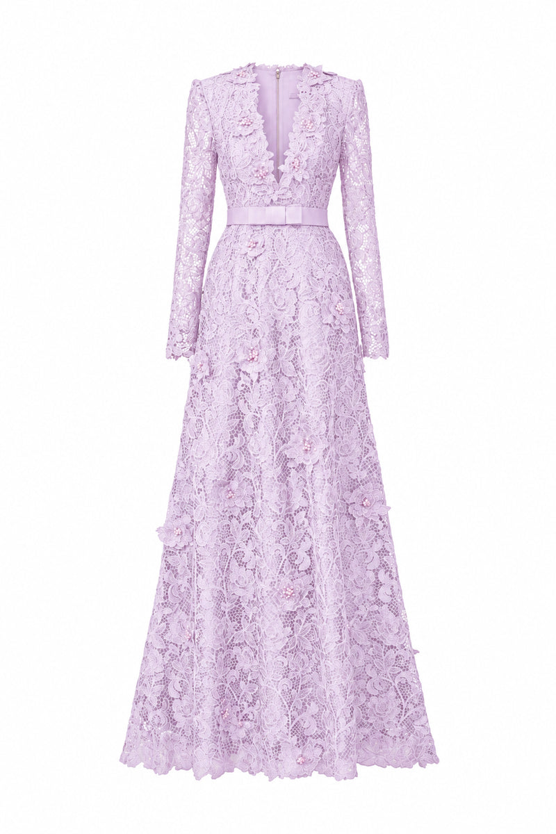 V Neck A-line Gown With Long Sleeves In Light Purple Guipure Lace