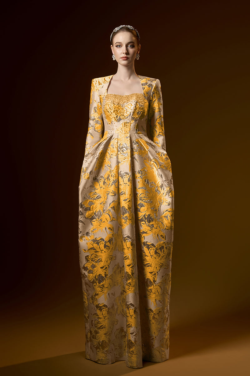 Trapeze Neck Ballgown With Long Sleeves In Jacquard