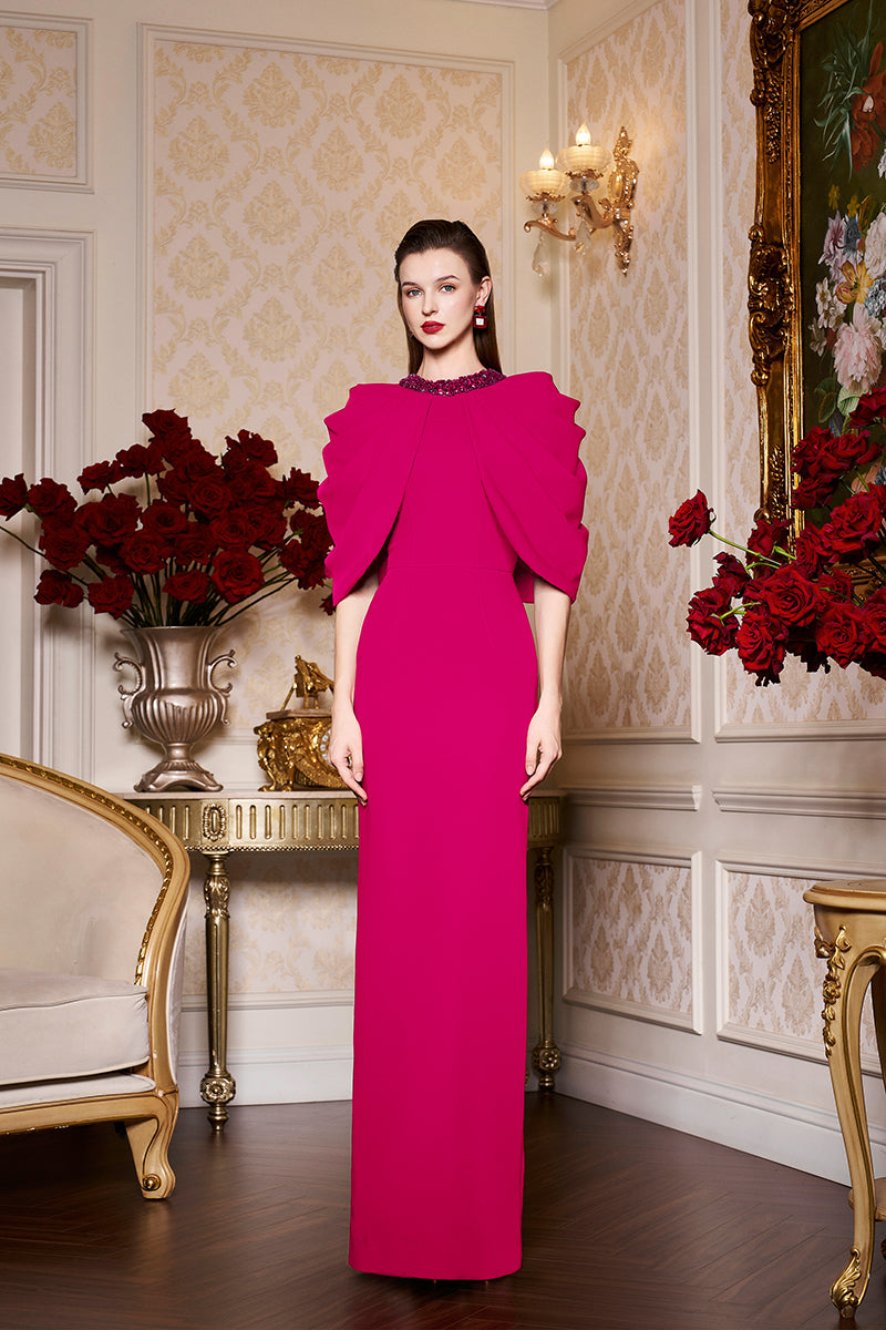 Round Neckline Column Gown With Draped Cape