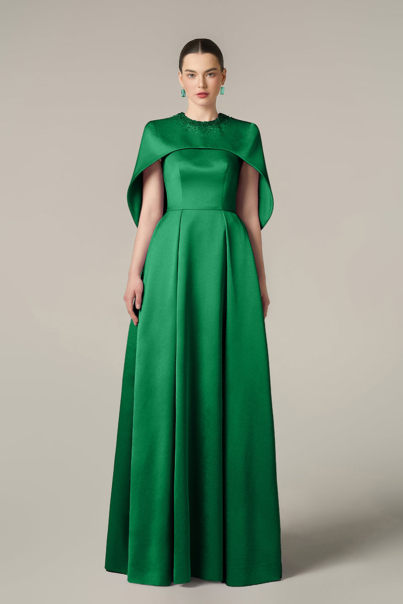 ROUND NECK A-LINE GOWN WITH CIRCULAR CUT MINI CAPE