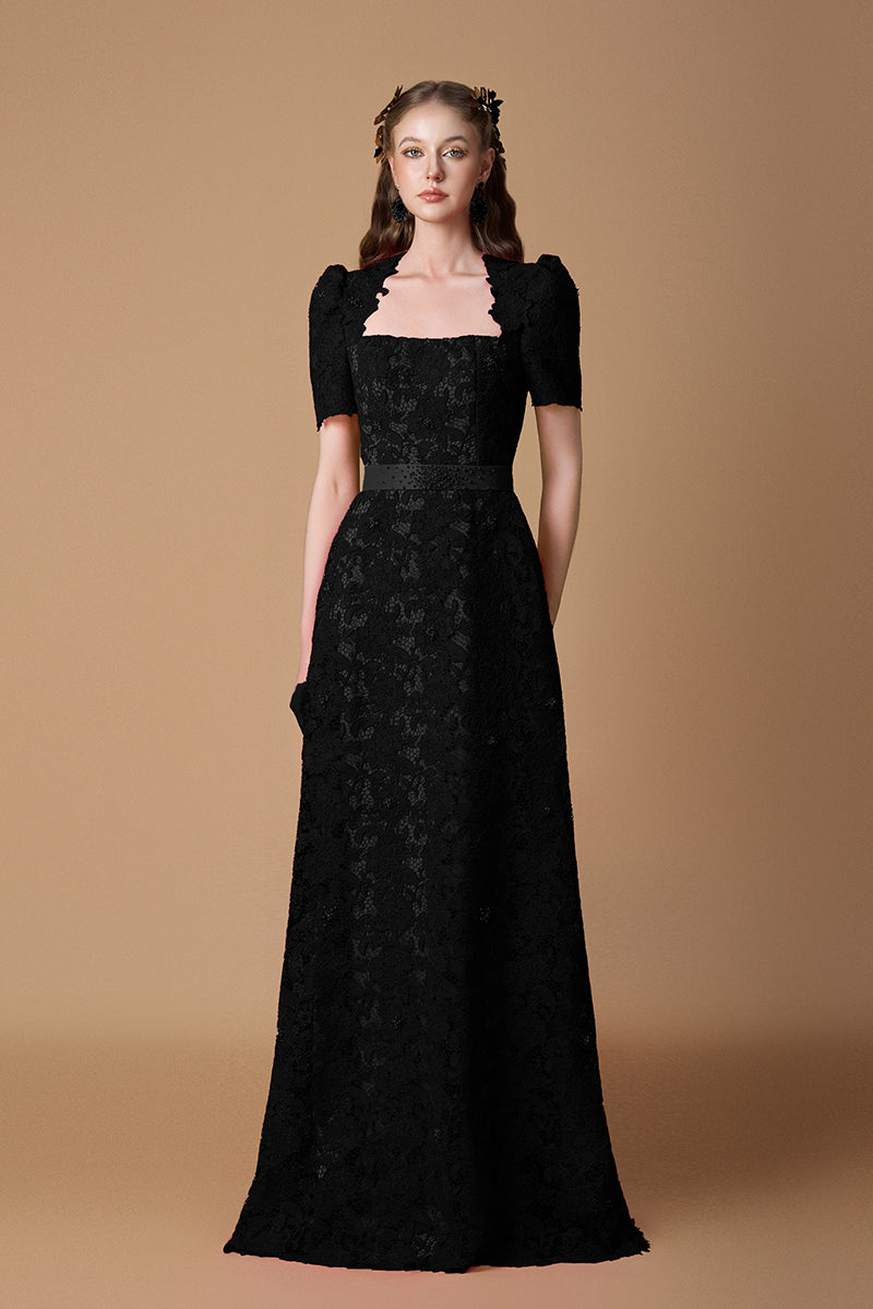 Trapeze Neck A-line Gown With Short Sleeves In Black Guipure Lace