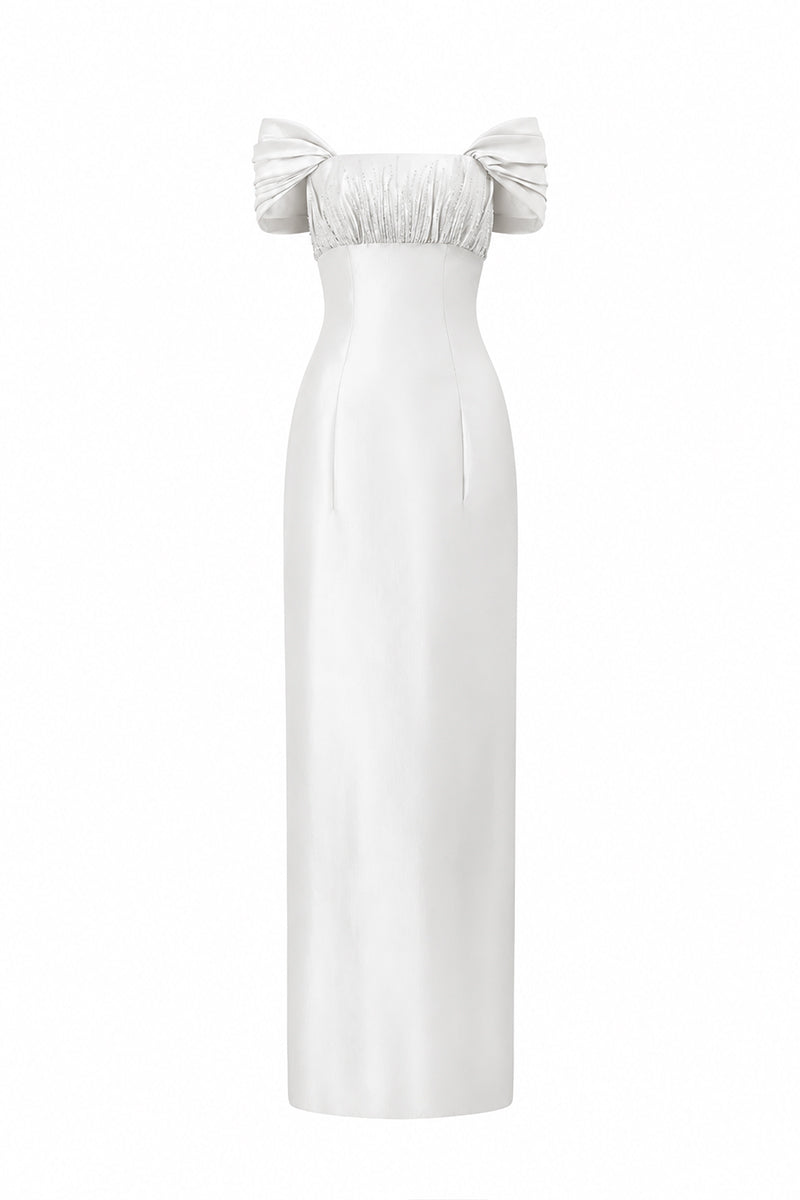 Bustier Column Gown With Draped Off-Shoulder Details In Taffeta