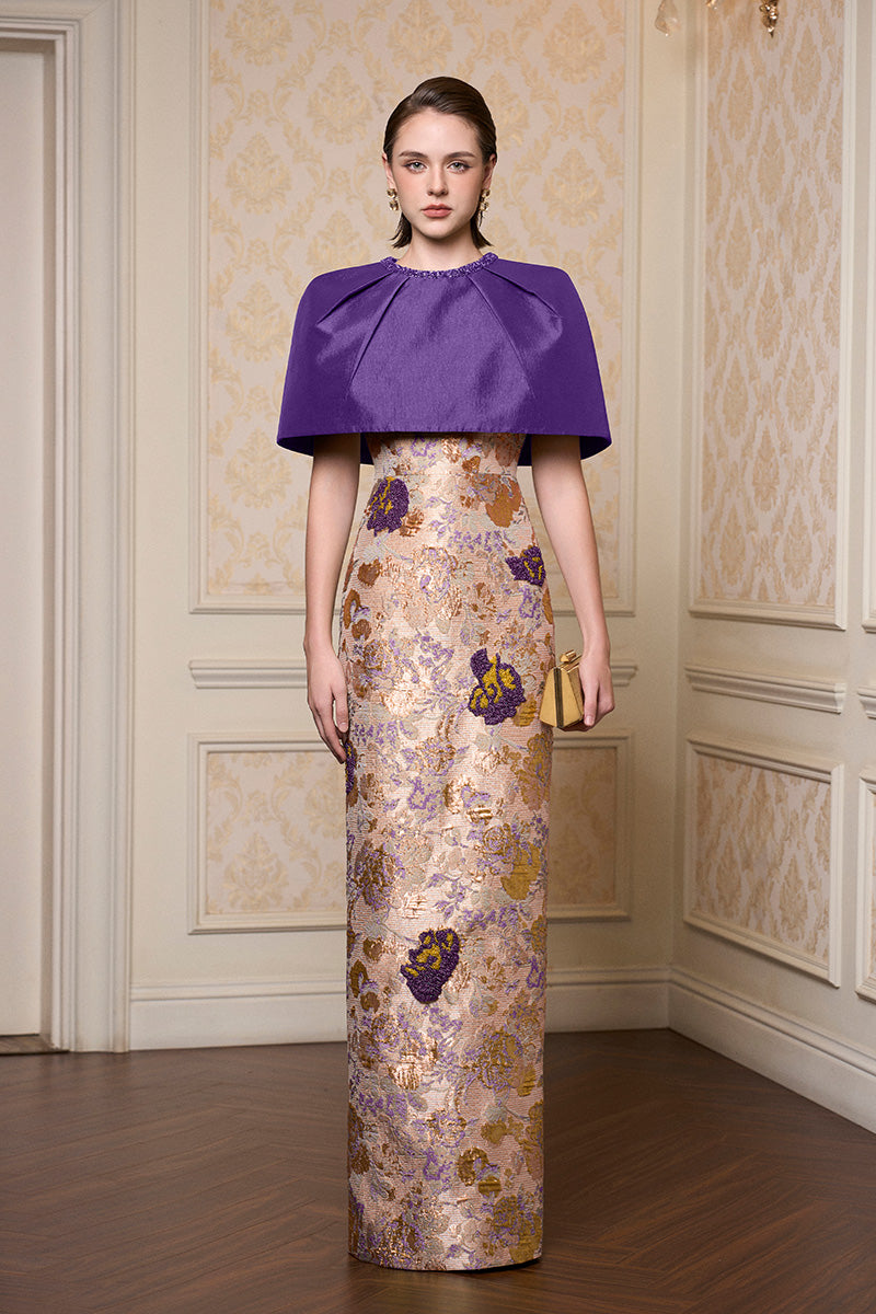 Round Neck Column Gown With Mini Cape In Dark Purple Floral Metallic Jacquard & Taffeta
