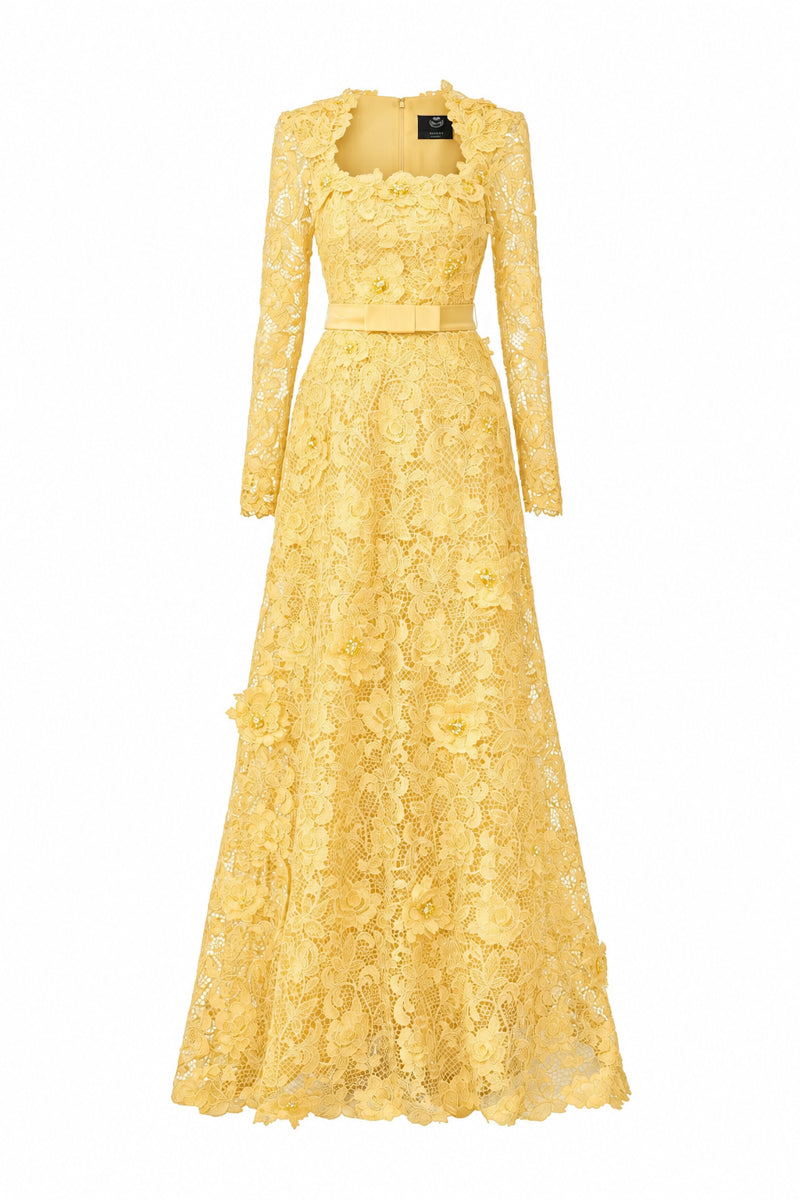Trapeze Neck A-line Gown With Long Sleeves In Light Yellow Guipure Lace