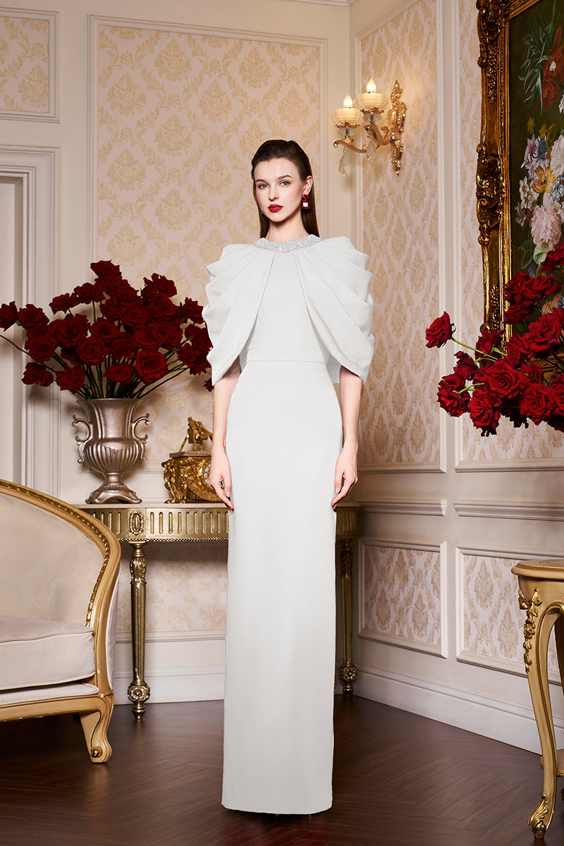 Round Neckline Column Gown With Draped Cape