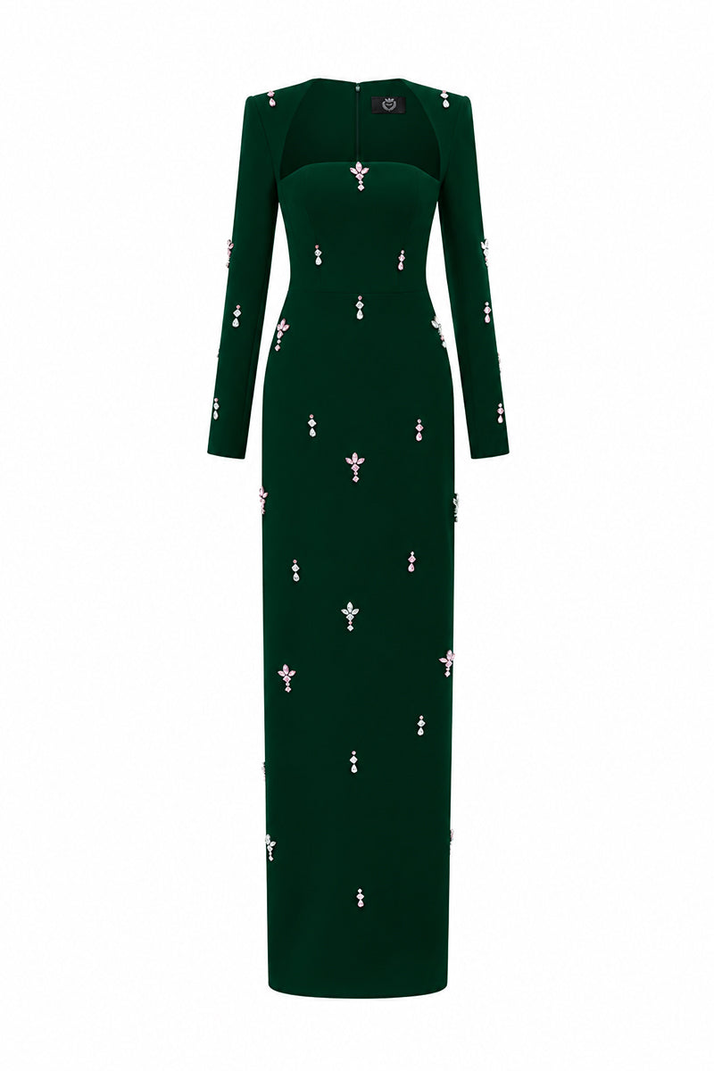 Trapeze Neck Column Gown With Long Sleeves In Black Crepe & Stones