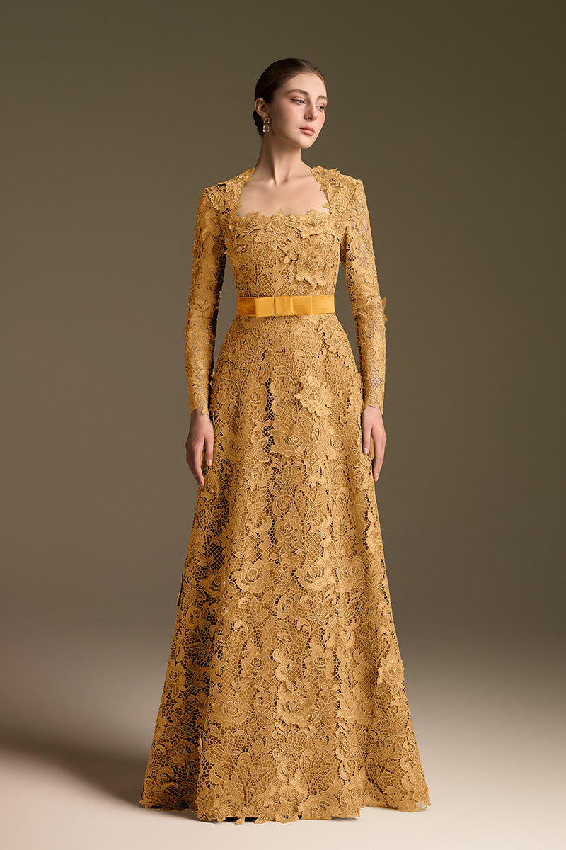 Trapeze Neck A-line Gown With Long Sleeves In Guipure Lace