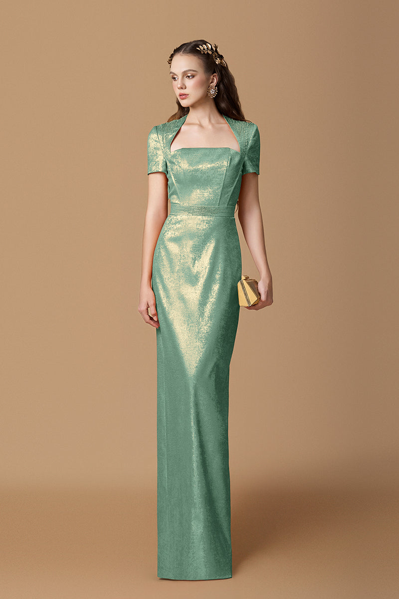 Trapeze Neck Column Gown With Short Sleeves In Metallic Silk