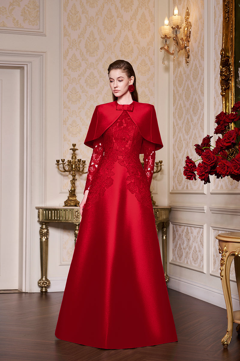 Fuchsia Lace and Taffeta Gown With Mini Cape