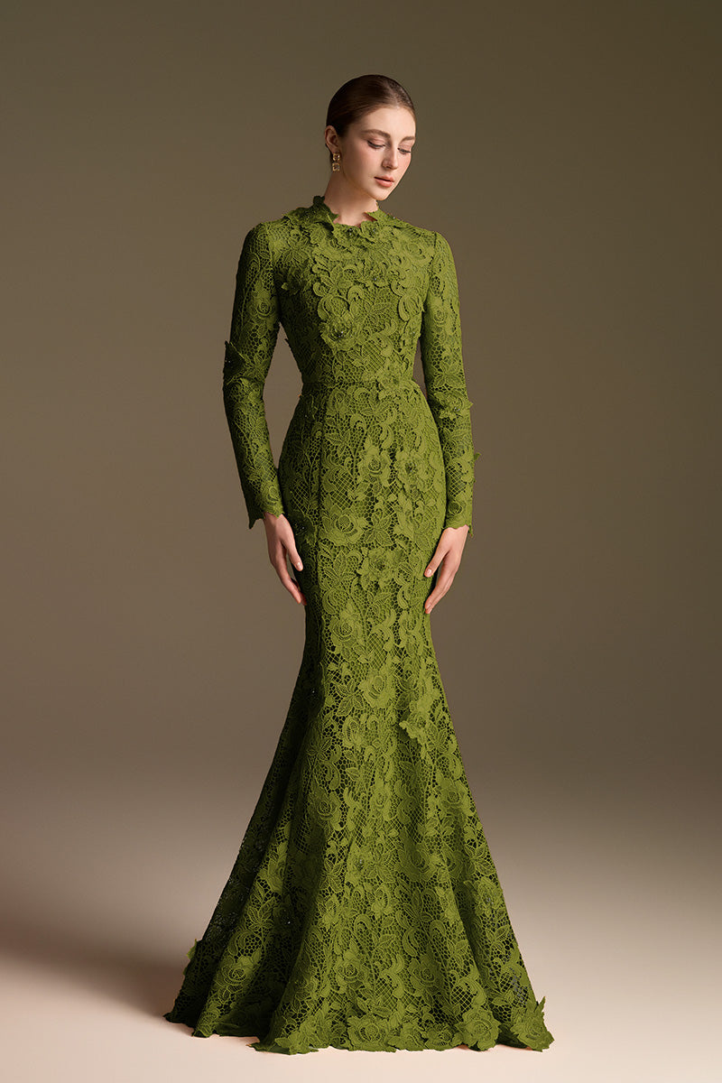 Round Neck Mermaid Gown With Long Sleeves In Green Guipure Lace
