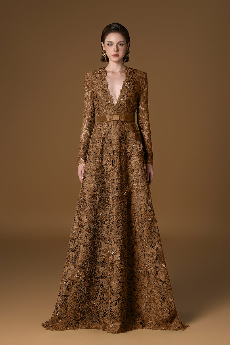 V Neck A-line Gown With Long Sleeves In Dark Gold Guipure Lace